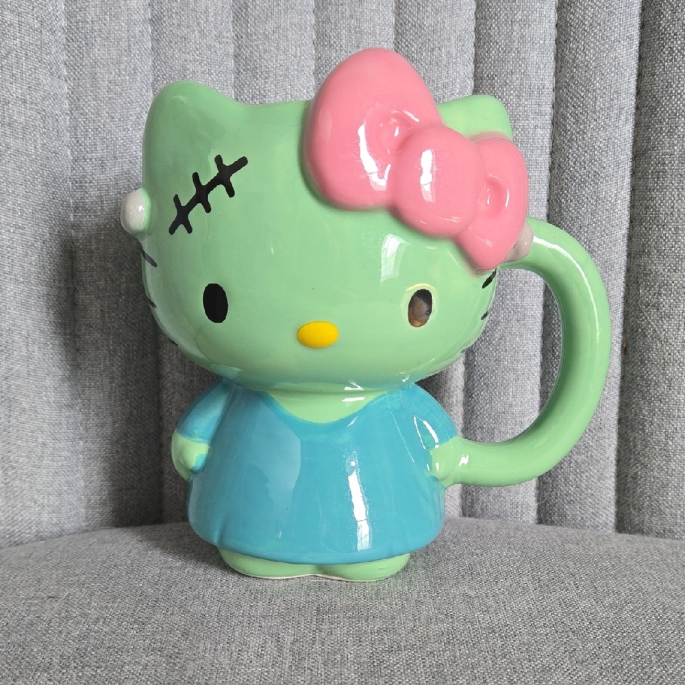 Hello Kitty Ceramic Mug - Green with Pink Bow, Frankenstein Kitty, NWT